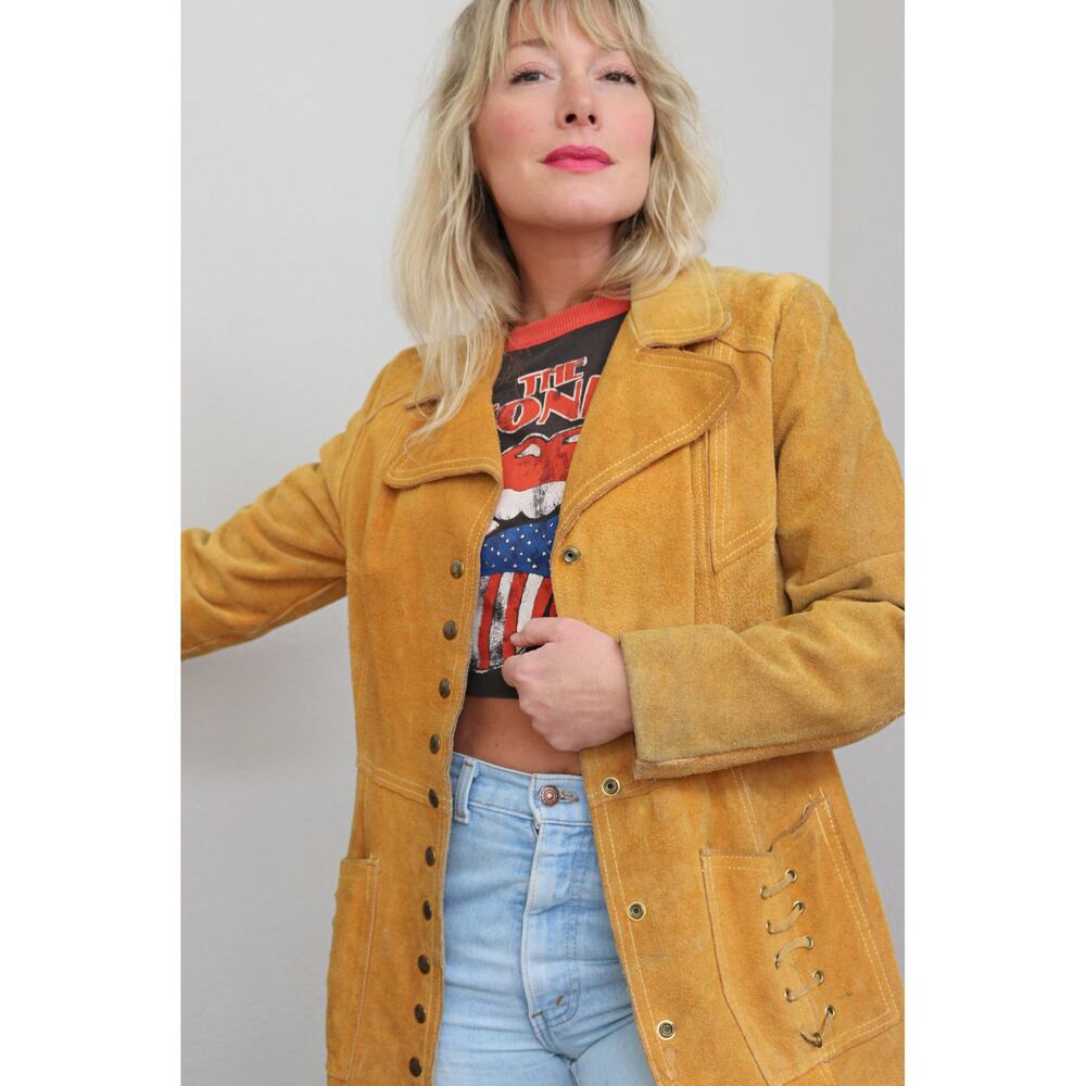 1960's Vintage Rough Mustard Suede Leather Jacket ~ Women's MD LG ~ Men's MD - Picture 10 of 10